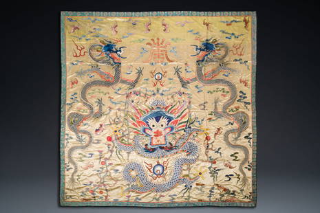 A large Chinese yellow-ground silk embroidery decorated with three five-clawed dragons, 19th C.: Full title: A large Chinese yellow-ground silk embroidery decorated with three five-clawed dragons, 19th C. Description: Dim.: 227 x 224 cm Provenance: - The private collection of an important dealers