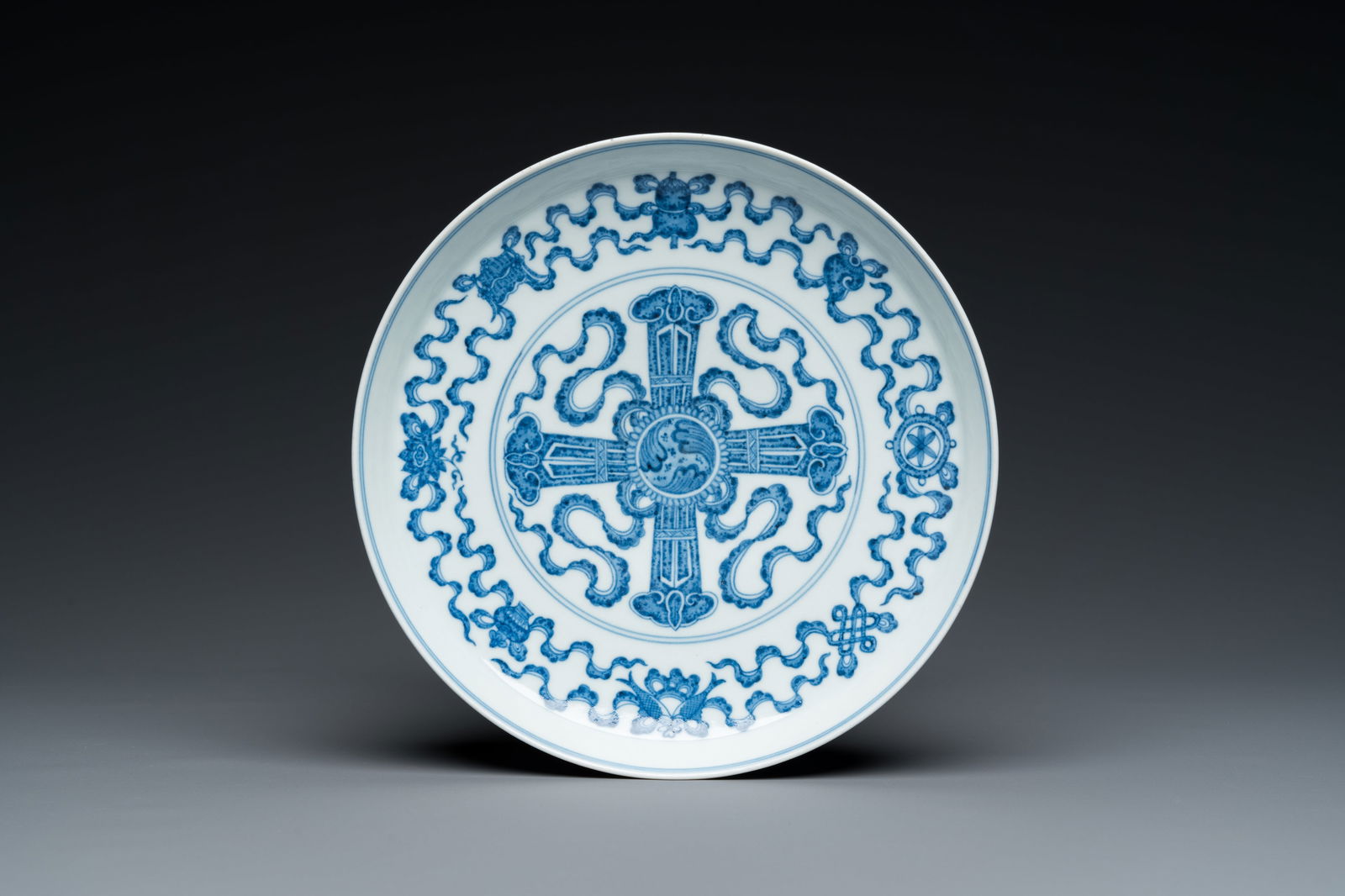 A Chinese blue and white 'Bajixiang' footed dish or tazza, Qianlong mark and of the period (1 of 4)
