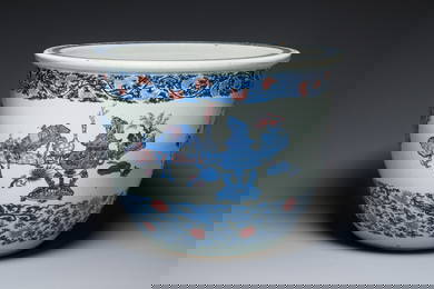 An exceptional massive Chinese blue, white and copper-red fish bowl with antiquities and 'Master of