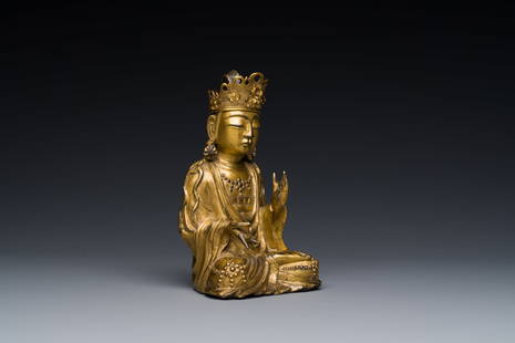 A Korean gilt bronze sculpture of Guanyin, 17th C.: Full title: A Korean gilt bronze sculpture of Guanyin, 17th C. Description: H.: 13,3 cm Weight: 675 grams Provenance: - A Dutch private collection. Ref.: - Christie's, Paris, Dec. 8, 2021, lot 142, fo