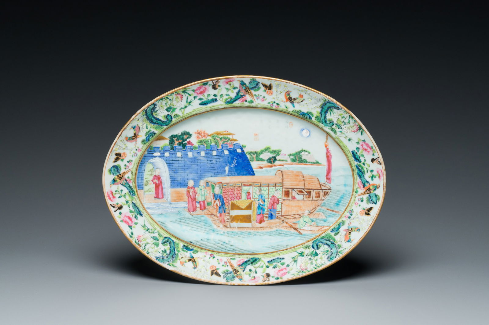 An inscribed oval Chinese Canton famille rose dish, Jiaqing/Daoguang (1 of 2)