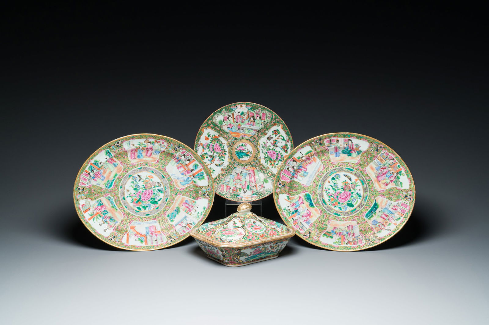 Three Chinese Canton famille rose dishes and a tureen and cover, 19th C. (1 of 9)