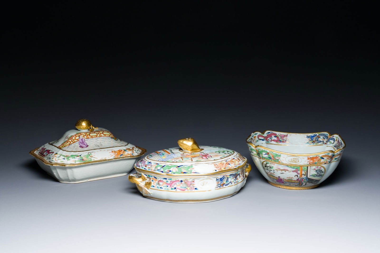 Two fine monogrammed Chinese Canton famille rose tureens and a bowl, mid-19th C. (1 of 11)