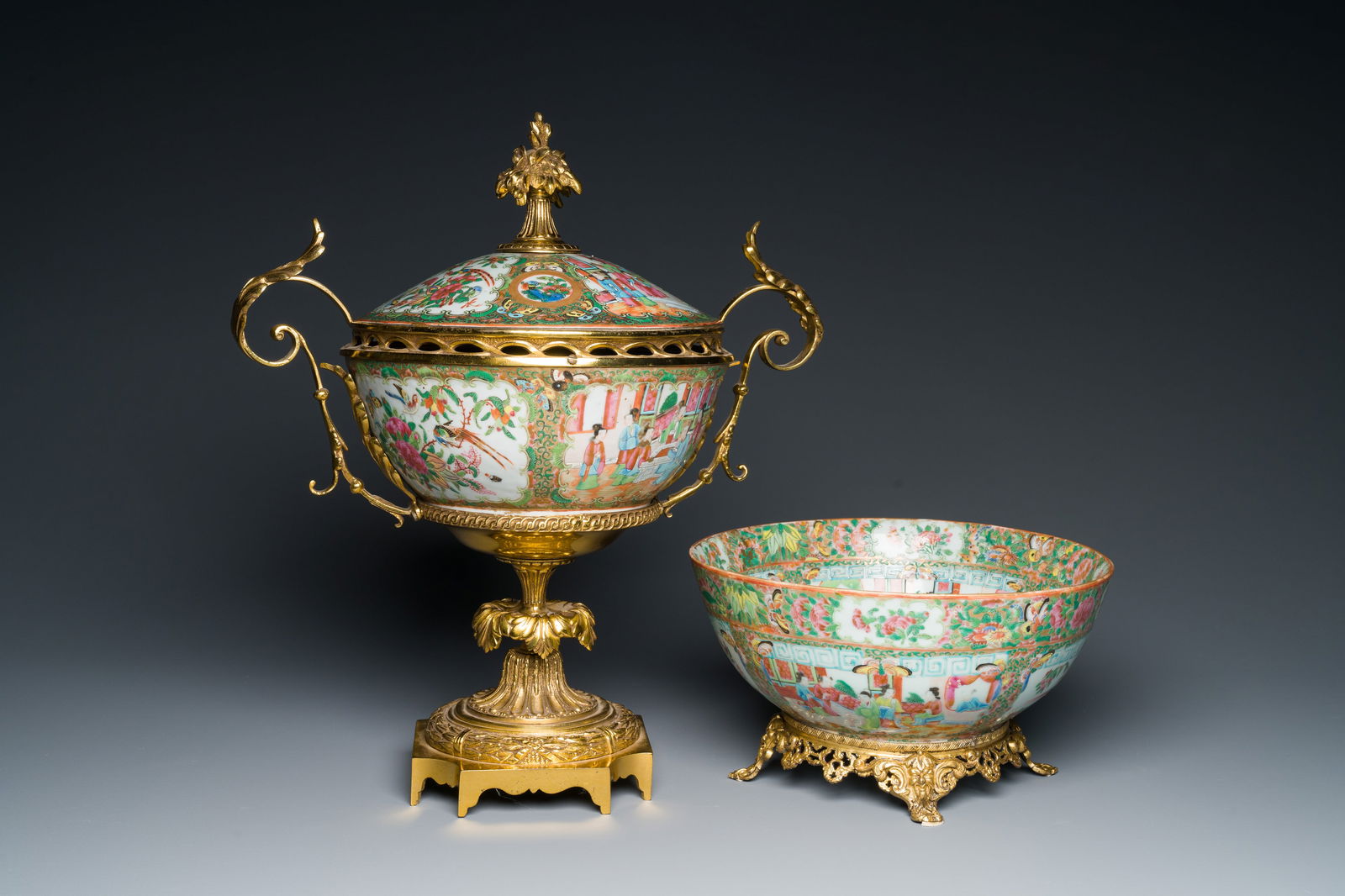 A Chinese Canton famille rose bowl and cover with fine gilt mounts and a bowl mounted on a gilt (1 of 6)