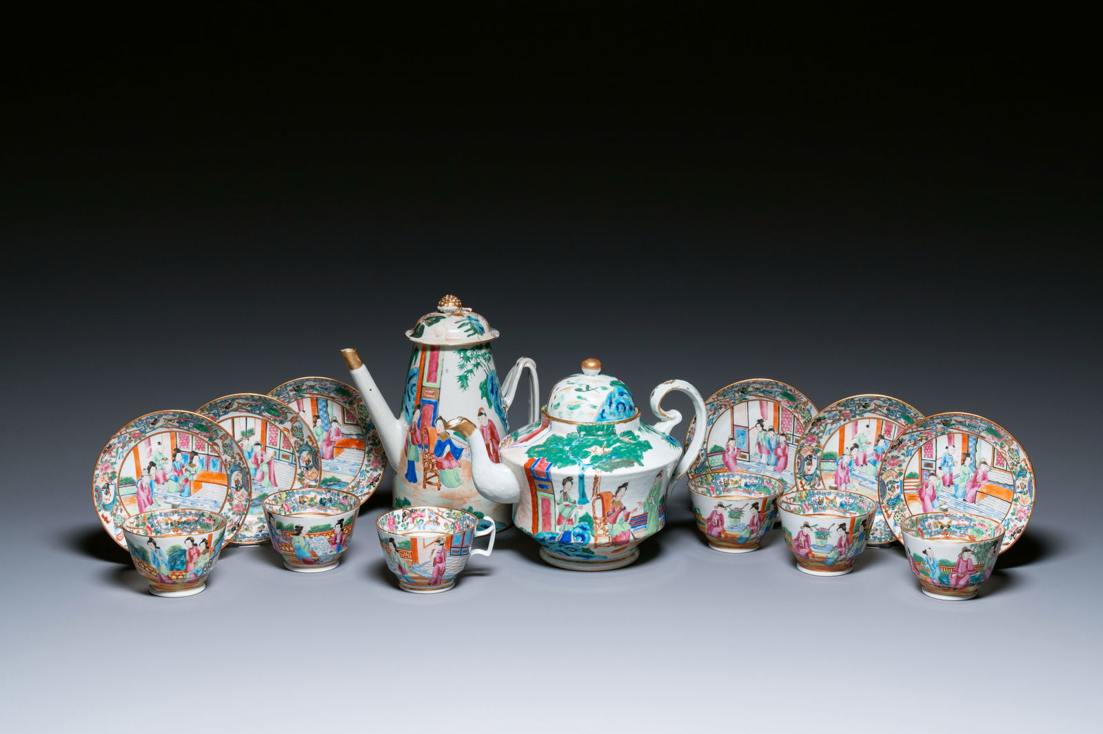 A Chinese Canton famille rose 14-piece coffee- and tea-service, 19th C. (1 of 15)