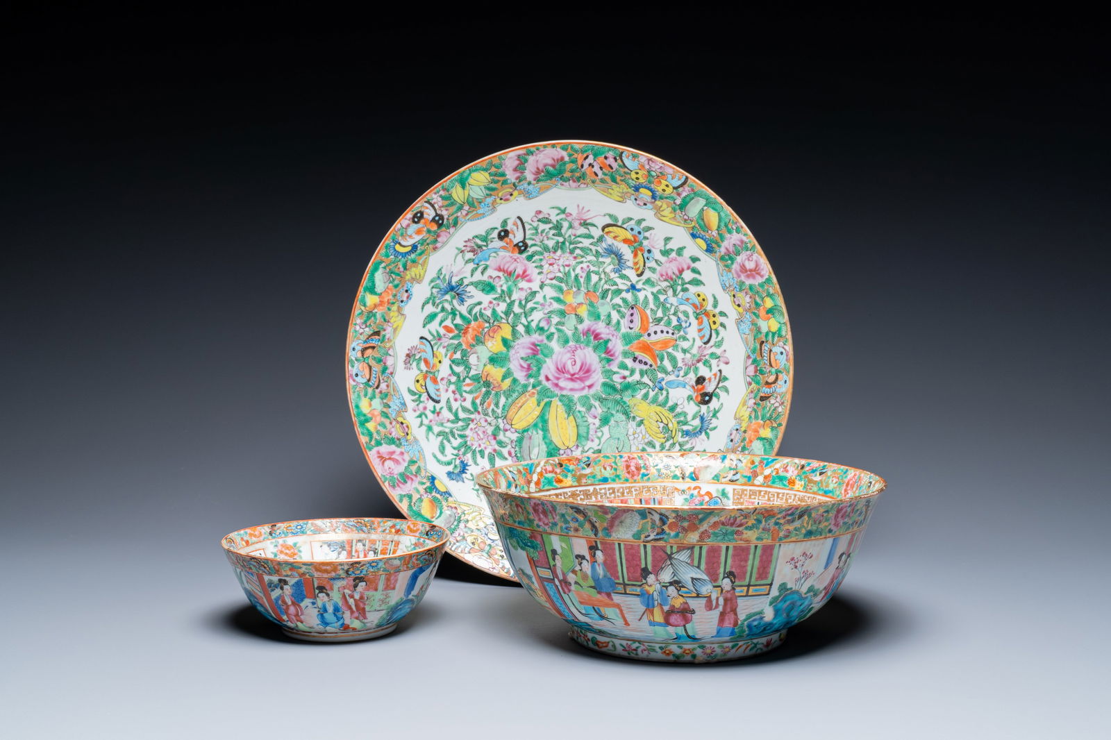 Two Chinese Canton famille rose bowls and a dish, 19th C. (1 of 9)