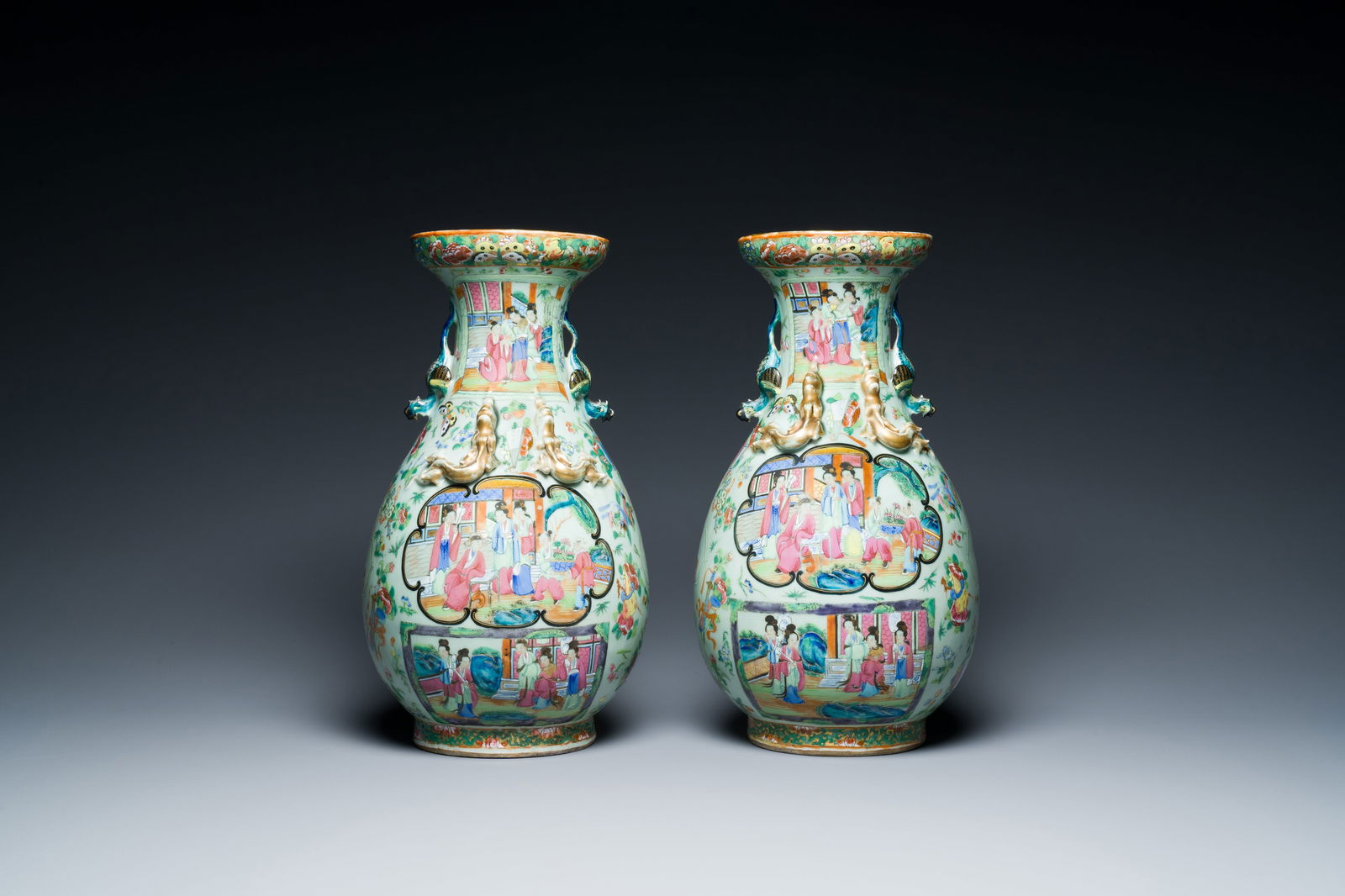 A pair of Chinese Canton famille rose celadon-ground vases, 19th C. (1 of 6)