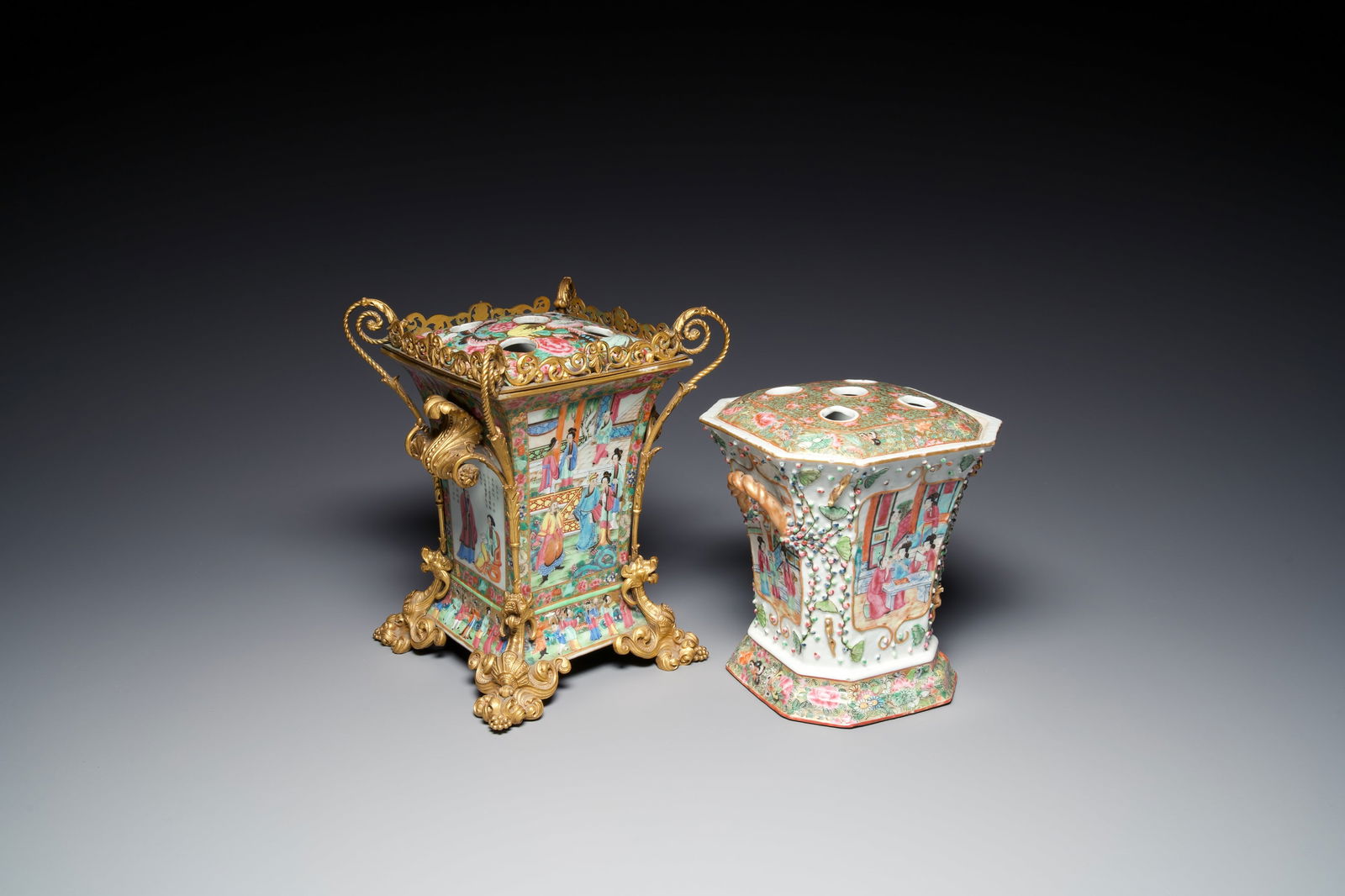 Two fine Chinese Canton famille rose flower holders, one with a gilt bronze mount, 19th C. (1 of 7)