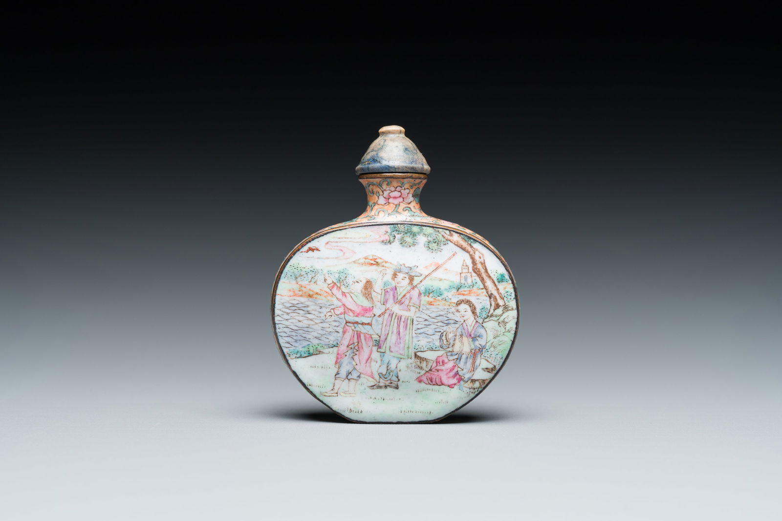 A Chinese Beijing enamel 'foreigners' snuff bottle, Qianlong mark and of the period (1 of 6)