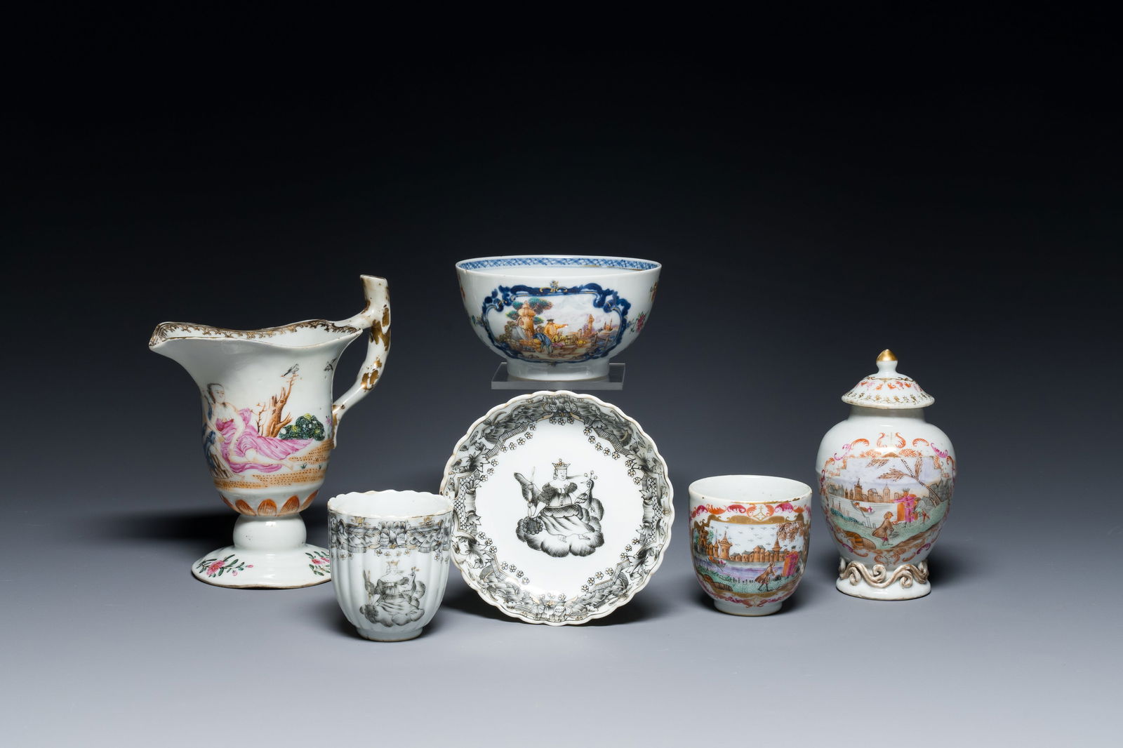 Six Chinese famille rose and grisaille export porcelain wares, Qianlong (1 of 15)