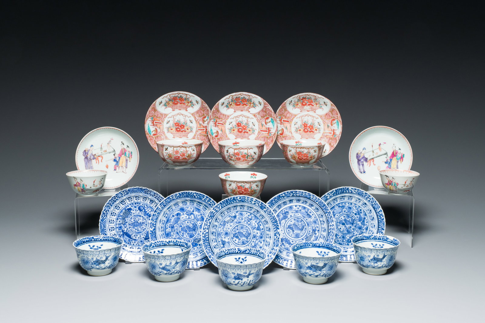 Ten Chinese blue, white, famille rose and Dutch-decorated cups and nine saucers, Kangxi and later: Full title: Ten Chinese blue, white, famille rose and Dutch-decorated cups and nine saucers, Kangxi and later Description: Dia.: 13,5 cm (the Dutch-decorated saucers) Dia.: 9 cm - H.: 4,5 cm (the clob