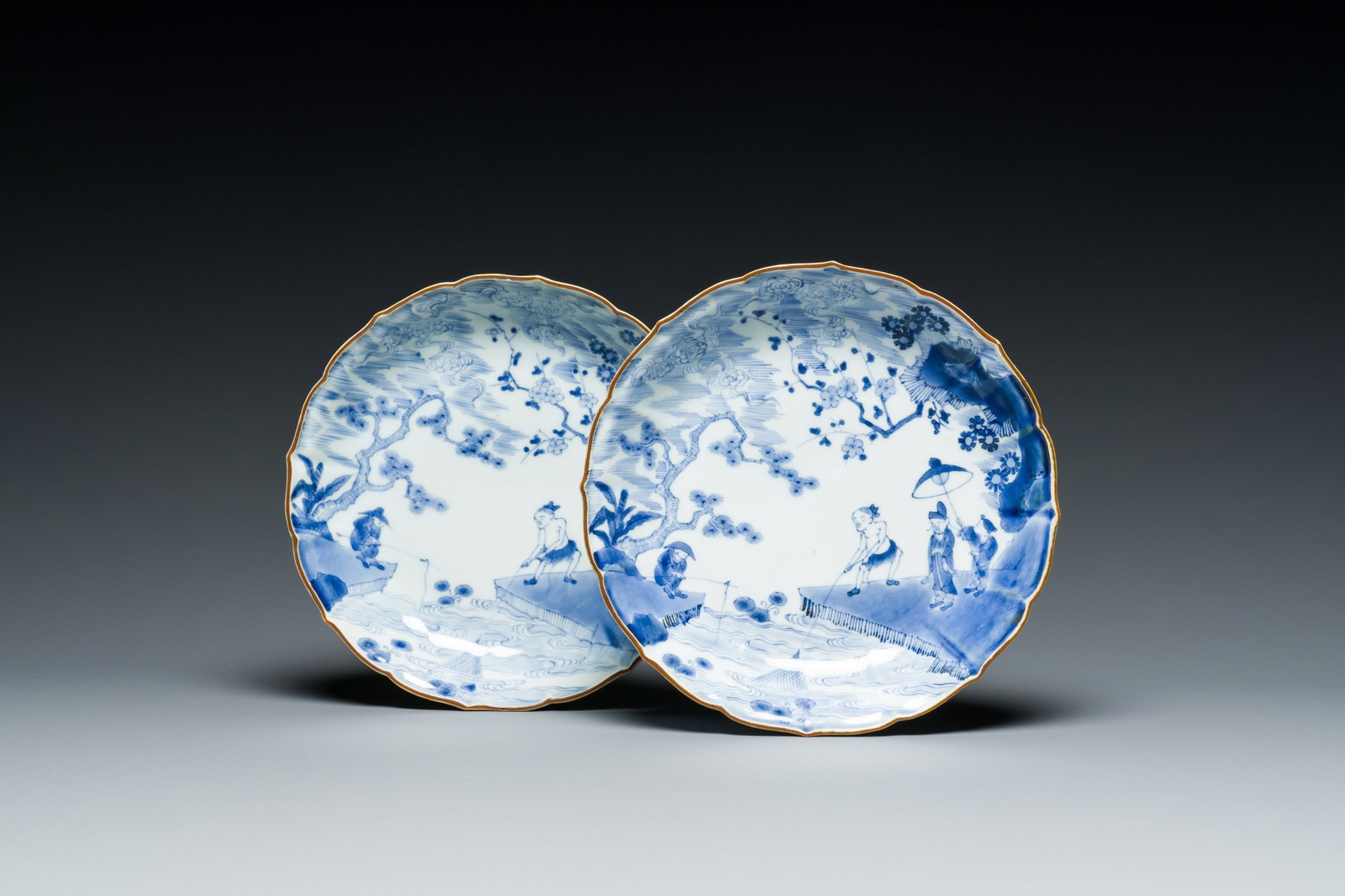 A Pair Of Japanese Blue And White Kakiemon Style Plates, Fuku Mark