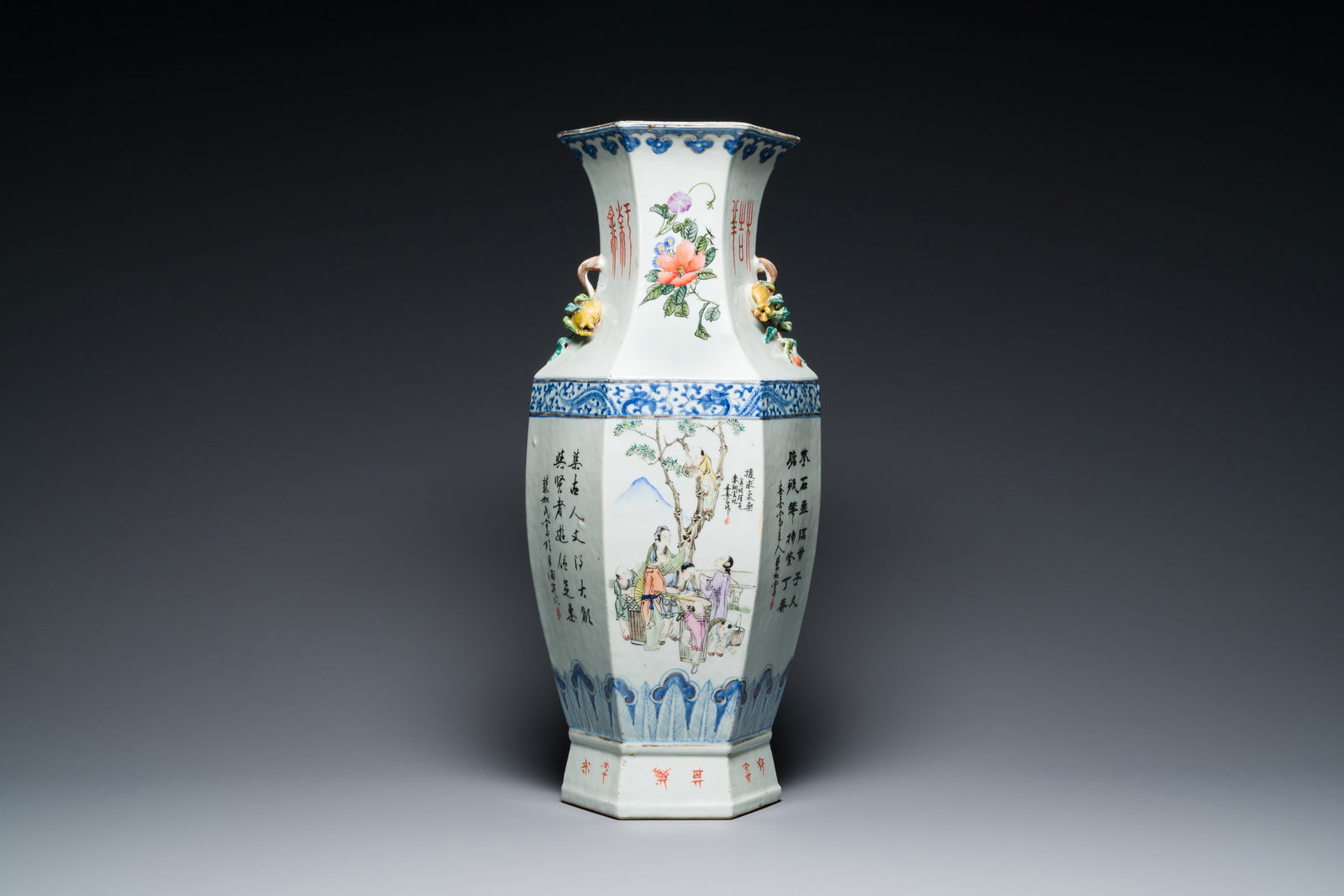 A Chinese hexagonal qianjiang cai vase, signed Hui Ru Shi ????, dated 1910 (1 of 6)