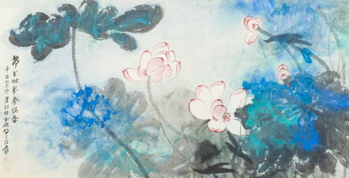 Follower of Zhang Daqian ???? (1898-1983): 'Lotus', ink and colours on paper, dated 1981