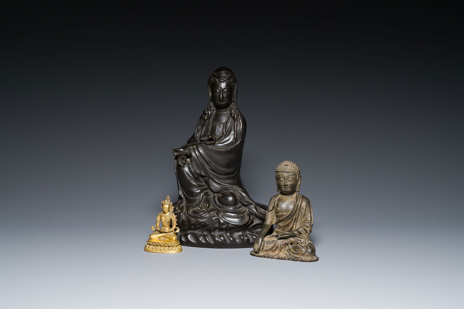 Three Chinese bronze sculptures of Buddha and of Guanyin, Ming and later (1 of 7)