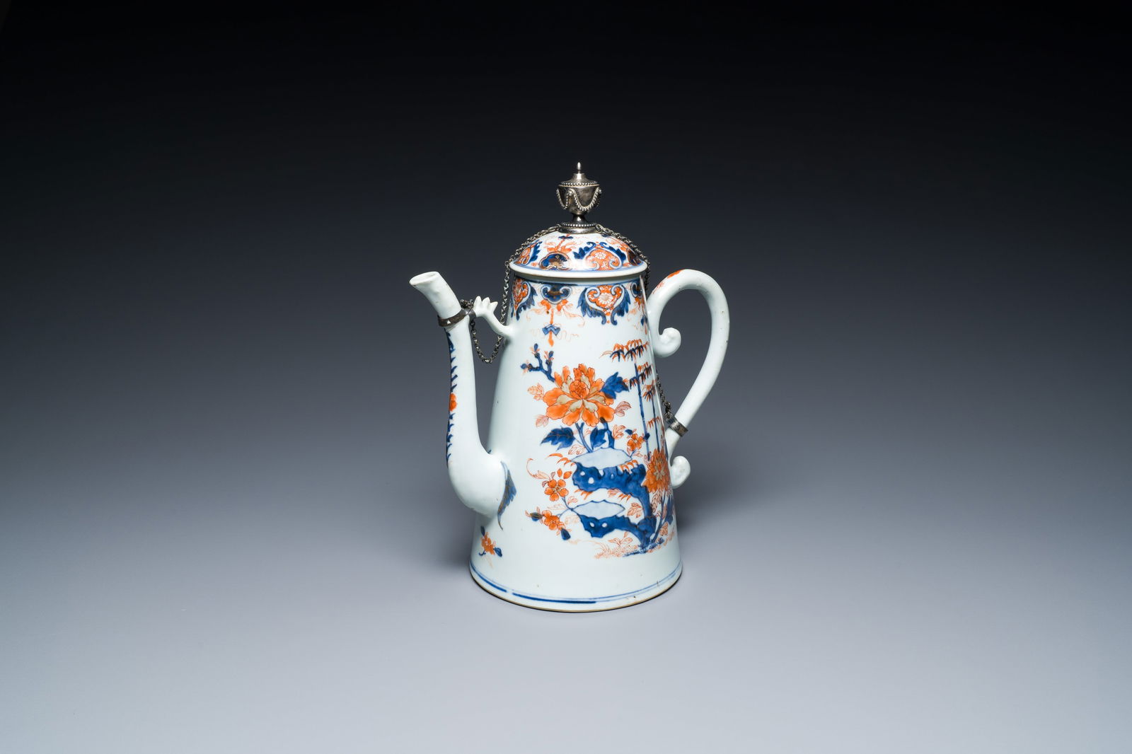 A Chinese silver-mounted Imari-style 'lighthouse' coffee pot and cover, Qianlong (1 of 8)