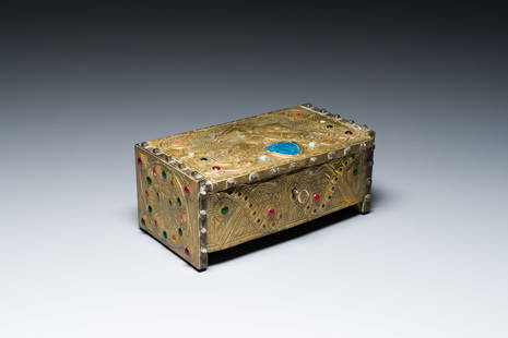 Alfred Daguet (Paris, 1875-1942): A Gothic revival repousse brass and copper-mounted metal box with: Full title: Alfred Daguet (Paris, 1875-1942): A Gothic revival repousse brass and copper-mounted metal box with glass cabochons, dated 1907 Description: Dim.: 26 x 15 x 11 cm Signed on the base, where