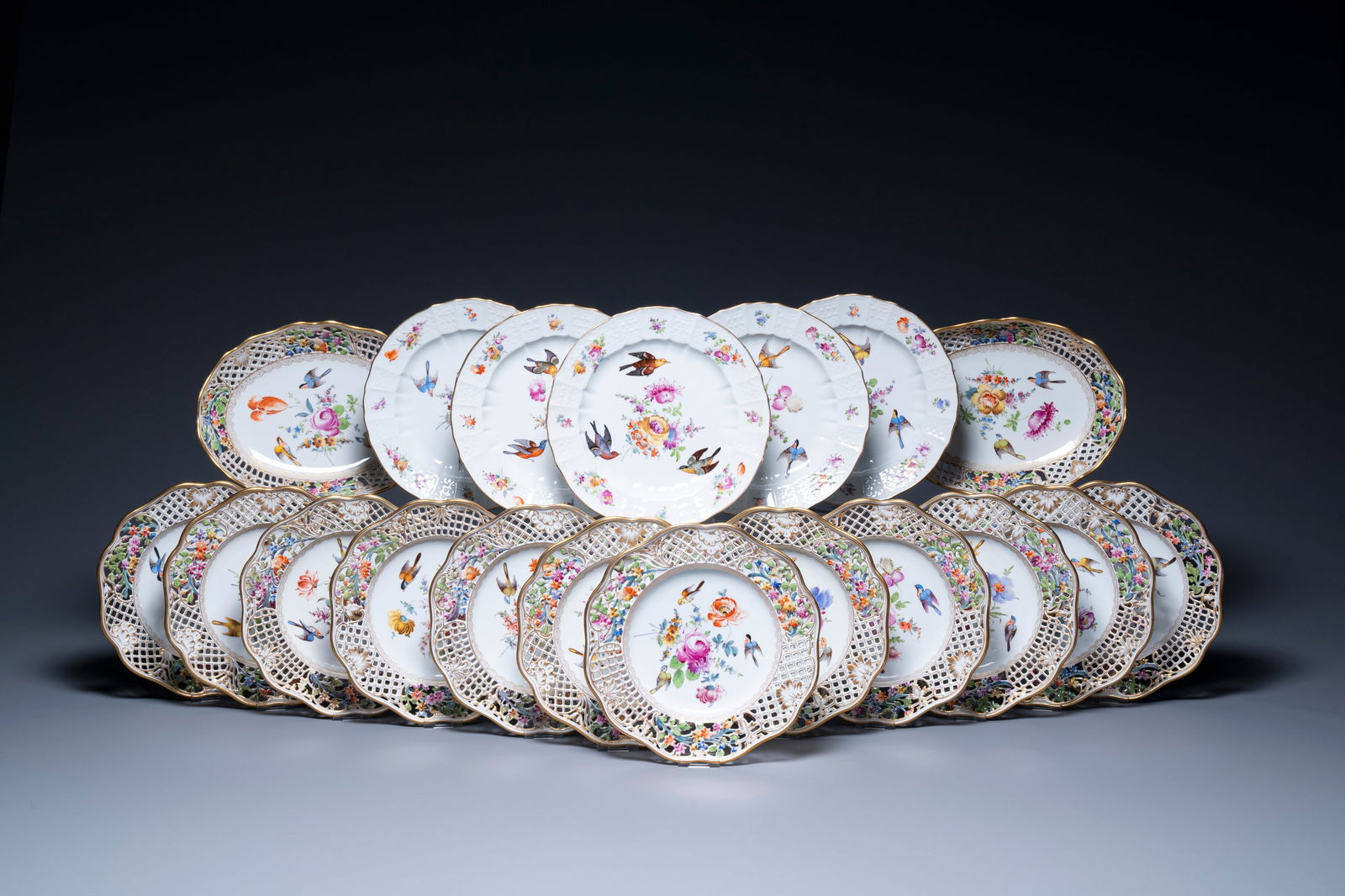 Nineteen polychrome Dresden porcelain plates and dishes, Meyers & Sohn, Germany, 19th C. (1 of 10)