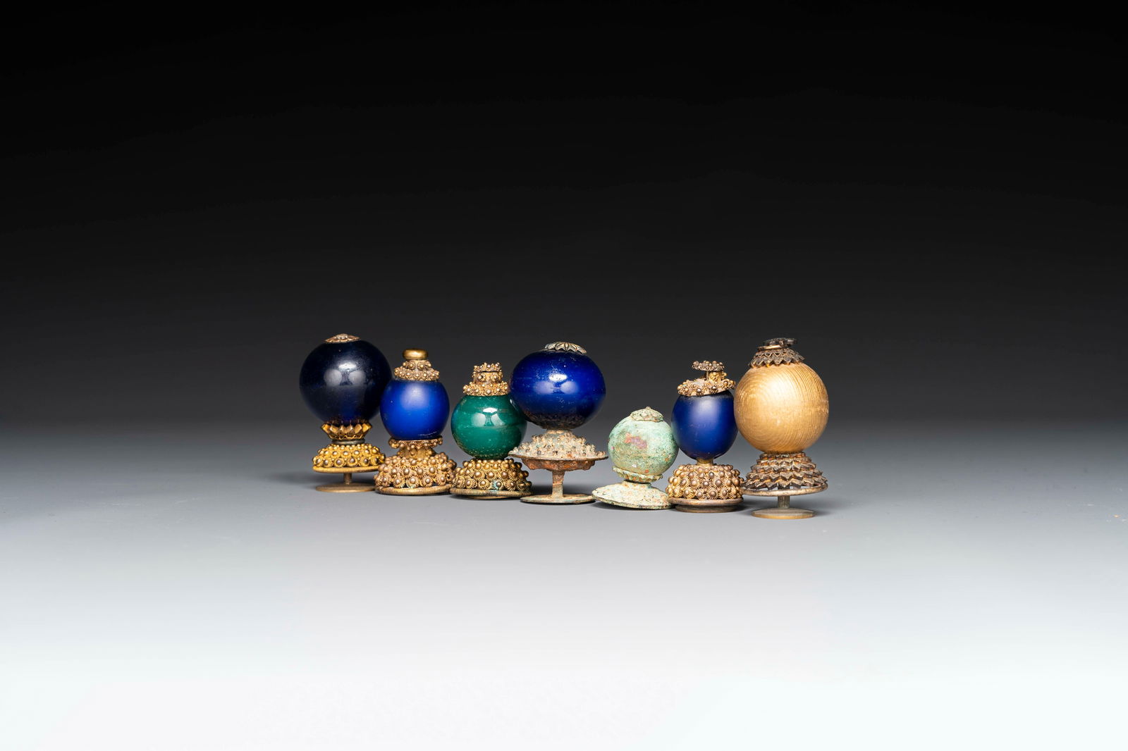 Seven Chinese gilt bronze Mandarin hat finials, Qing (1 of 7)