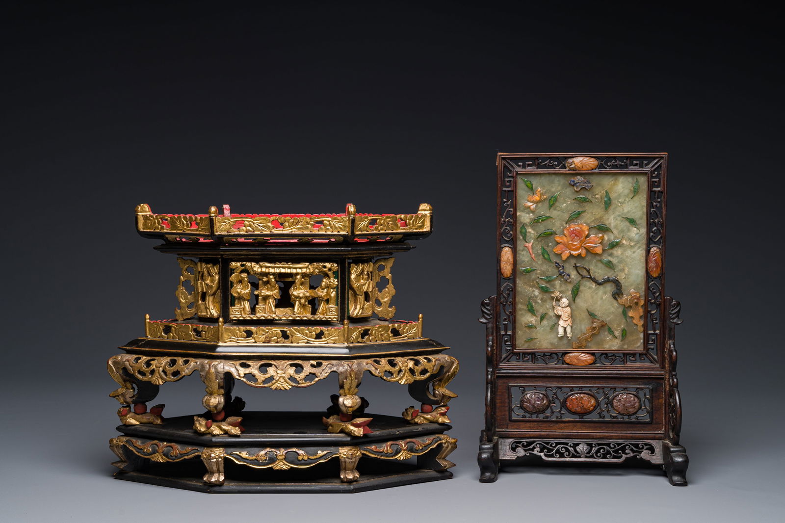 A Chinese wooden table screen with precious stones and an altar piece or 'chanab' for the Straits or (1 of 3)