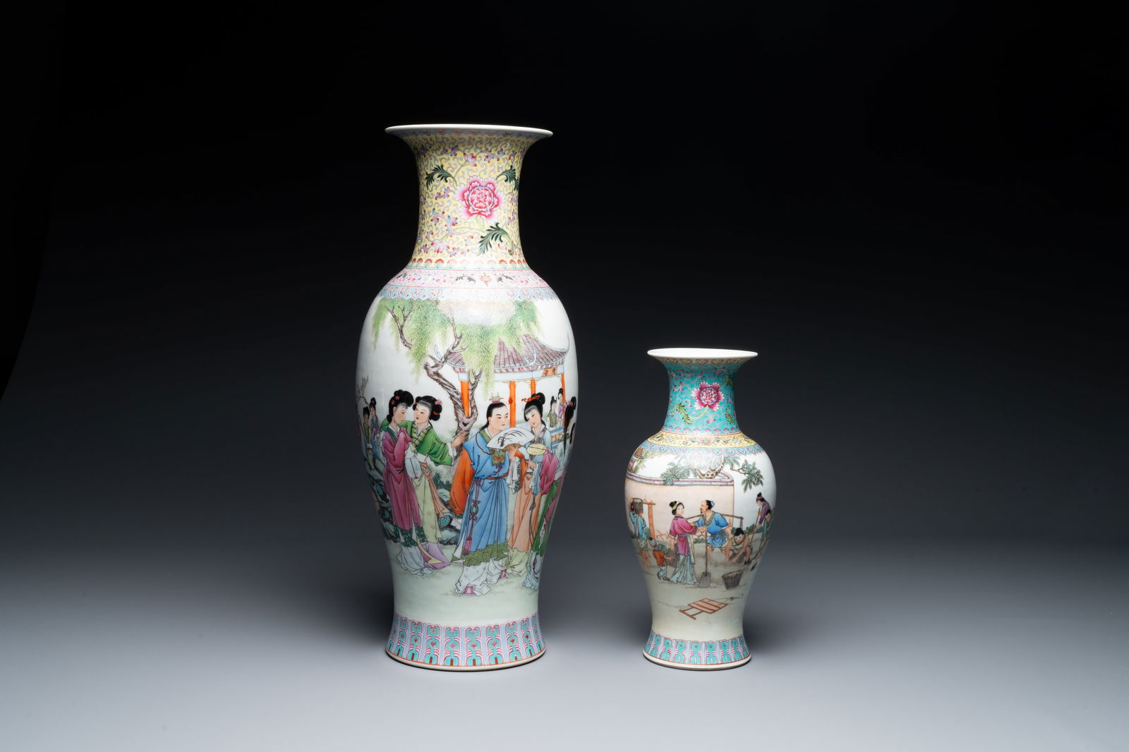 Two Chinese famille rose vases with rice production and figurative design, Qianlong mark, 20th C. (1 of 4)