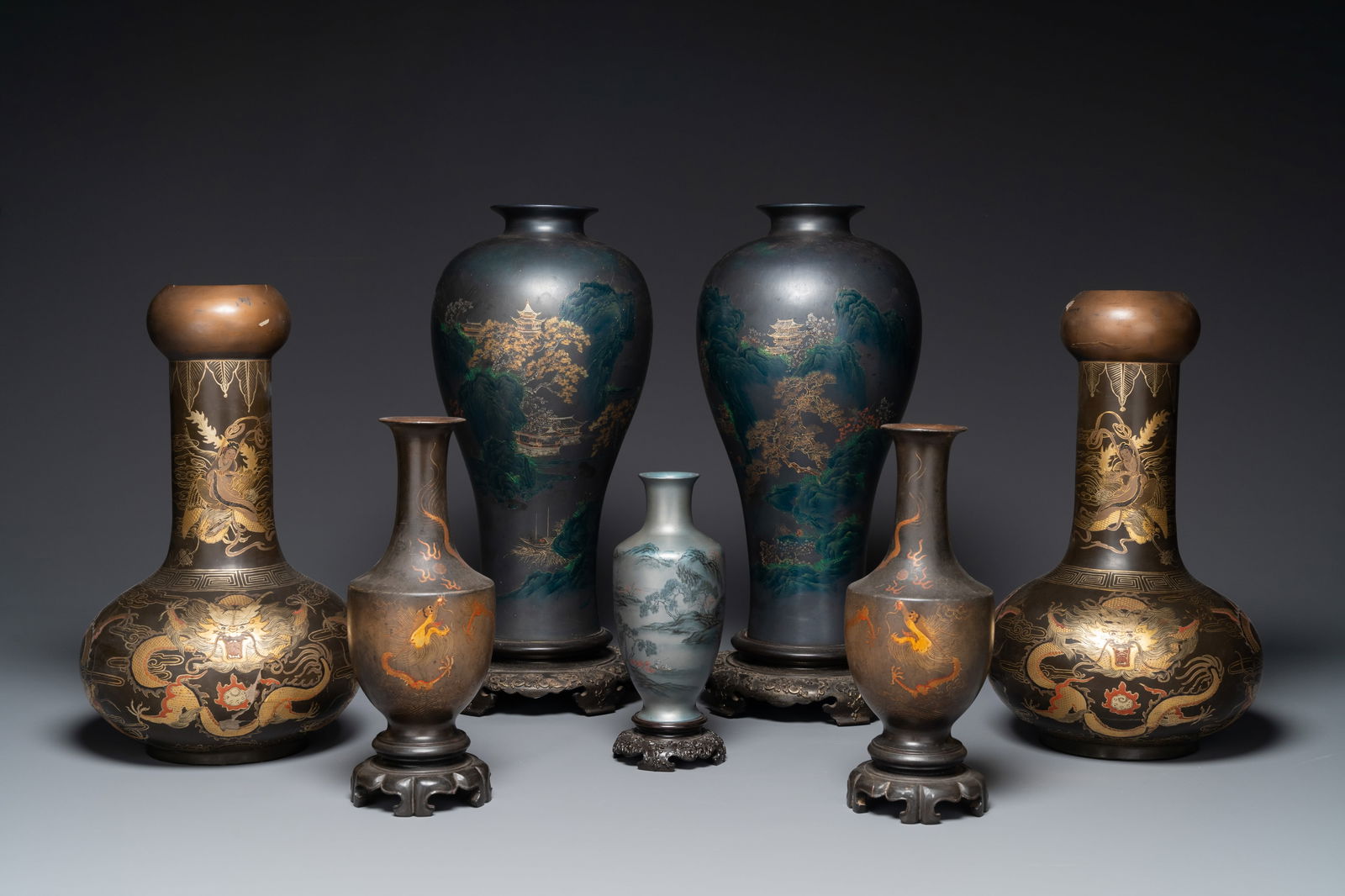 Seven Chinese Foochow or Fuzhou lacquerware vases, various marks, 19/20th C. (1 of 11)