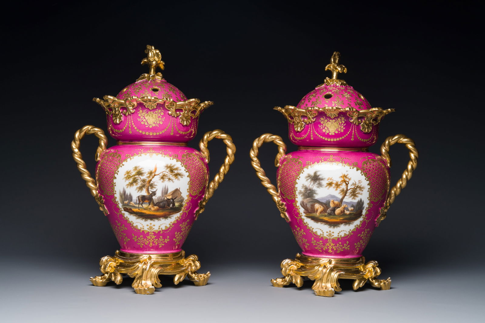 A pair of French parcel-gilt polychrome pink-ground porcelain potpourri vases, Jacob Petit, Paris, (1 of 3)