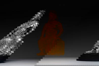 An extremely rare Chinese gilt bronze figure of Guandi, Ming