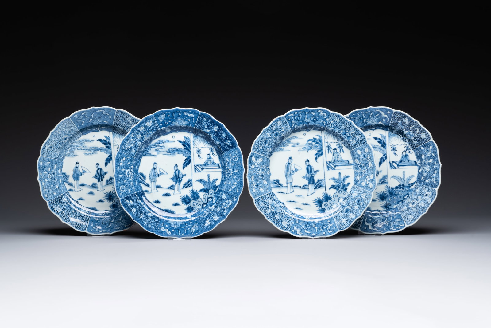 Four Chinese blue and white 'Xi Xiang Ji' plates, Qianlong: Four Chinese blue and white 'Xi Xiang Ji' plates, Qianlong Dia.: 23 cm