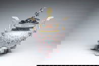 A large and impressive Chinese famille rose 'bajixiang and lotus scroll' censer with a wooden cover,