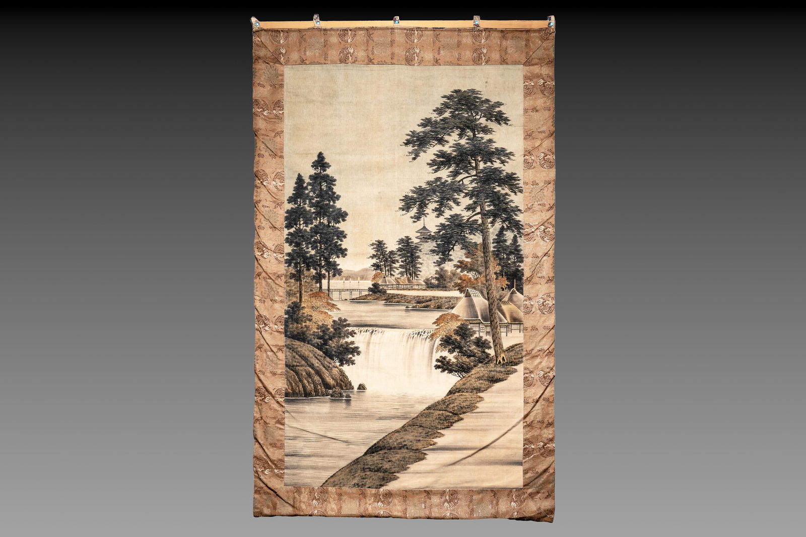 A Japanese embroidered wall tapestry with a river landscape, Meiji/Taisho, 19/20th C. (1 of 6)