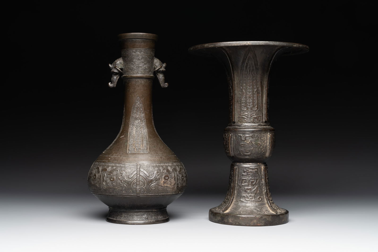 Two Chinese archaistic bronze vases with relief design, Ming (1 of 6)
