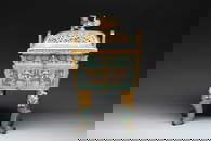 An exceptional Chinese cloisonne &#8216;Taotie&#8217; censer and cover, 'fang ding ', Qianlong