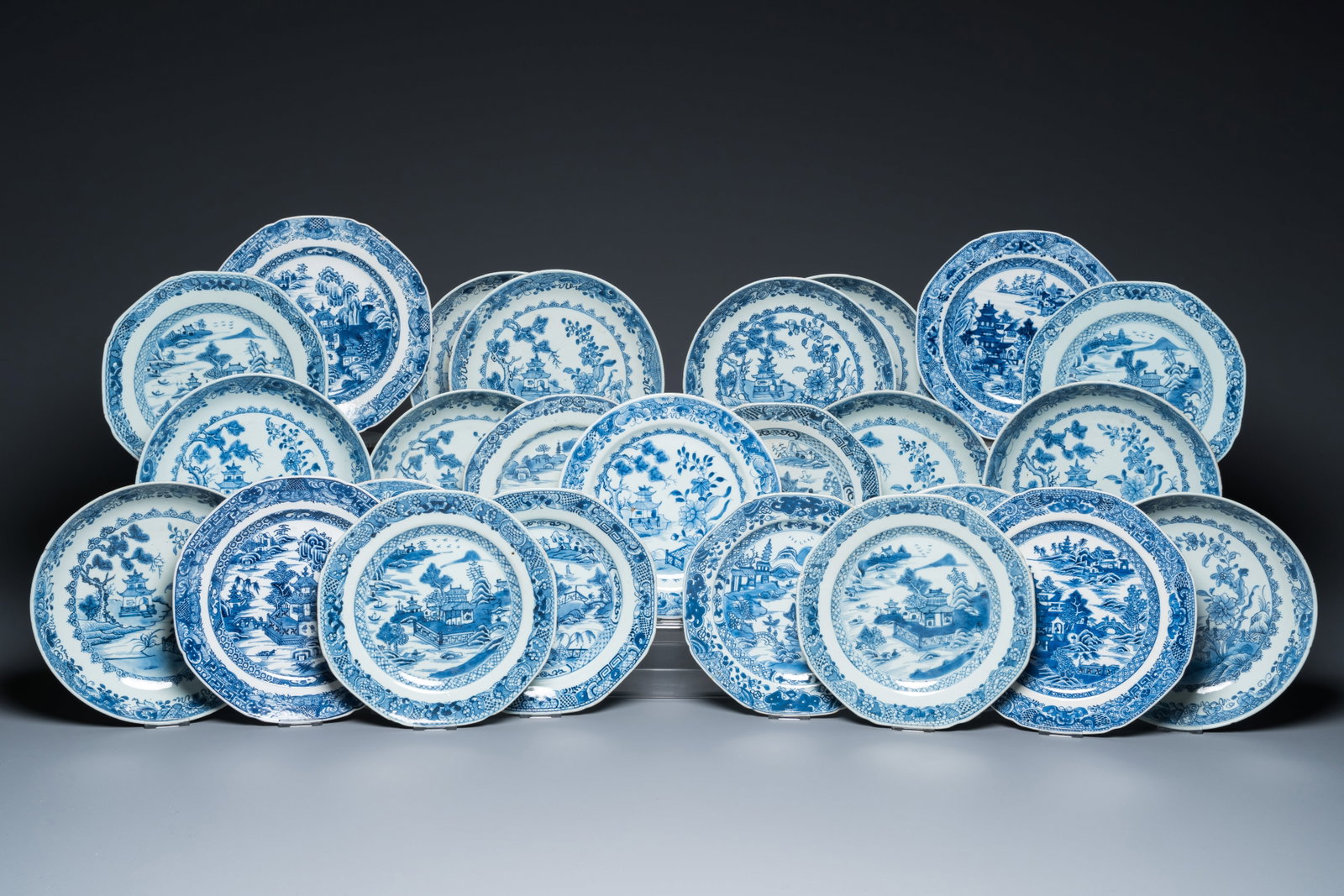 An impressive collection of 25 Chinese blue and white 'landscape' plates, Qianlong: An impressive collection of 25 Chinese blue and white 'landscape' plates, Qianlong Dia.: 23 cm (the largest)