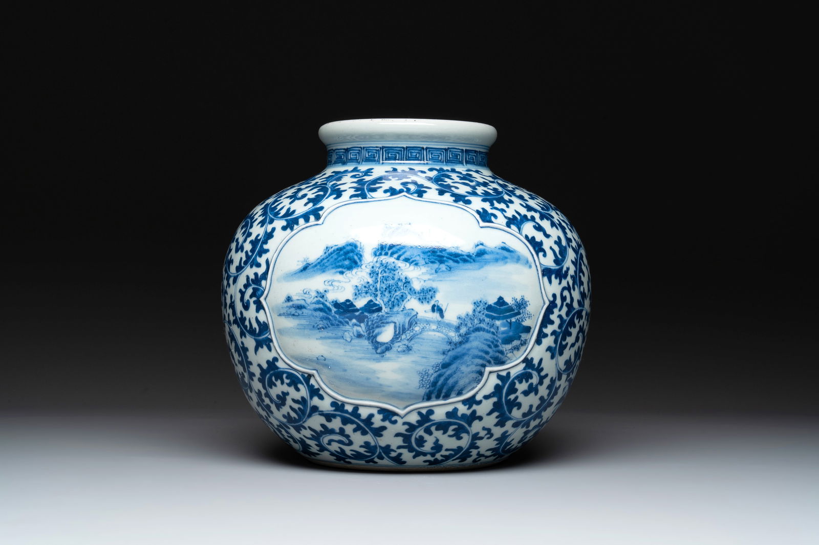 A Chinese blue and white globular 'landscape' vase, 19th C. (1 of 6)