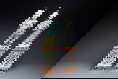 A pair of large Chinese famille rose figures on stands, Qianlong