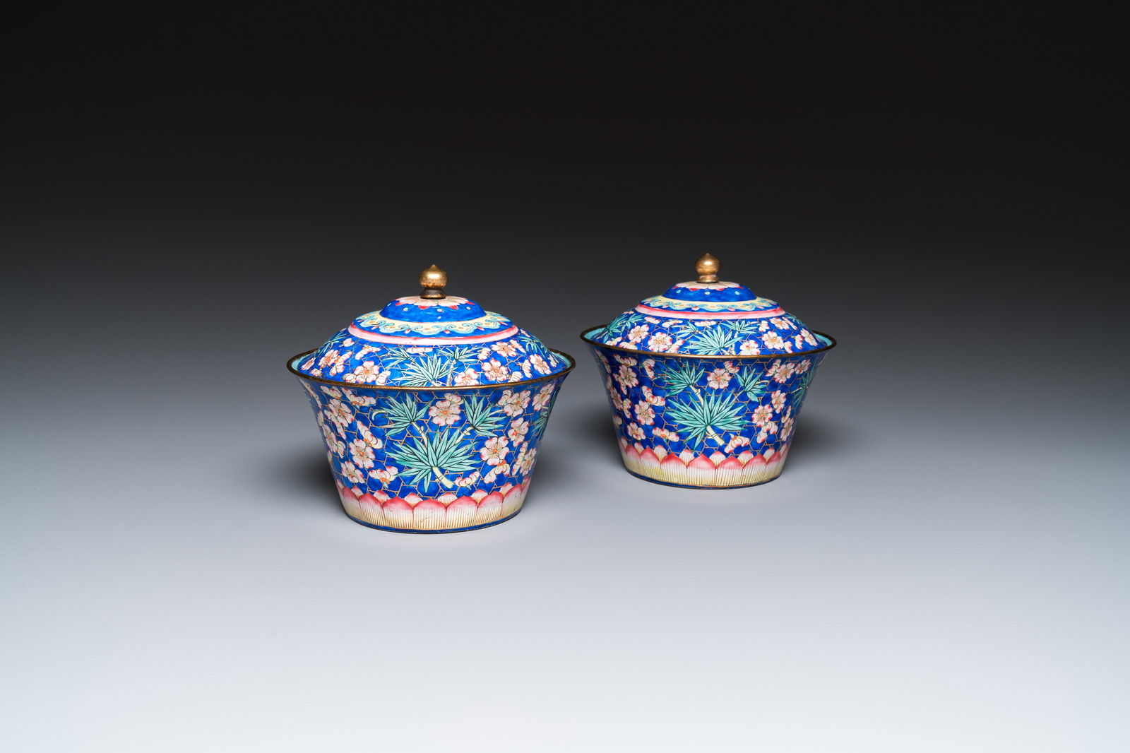 A pair of Chinese Canton enamel bowls and covers with floral design, Qianlong (1 of 7)