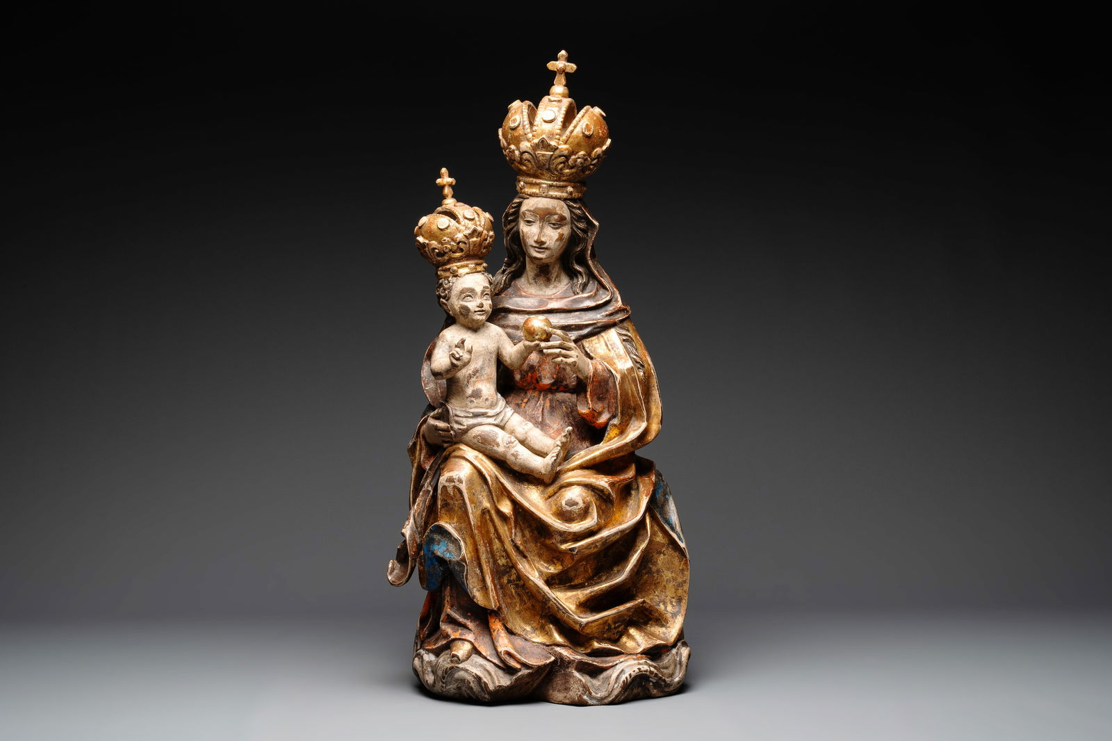 A gilt and polychromed wooden Madonna with Child, probably Spain, 18th C. (1 of 6)