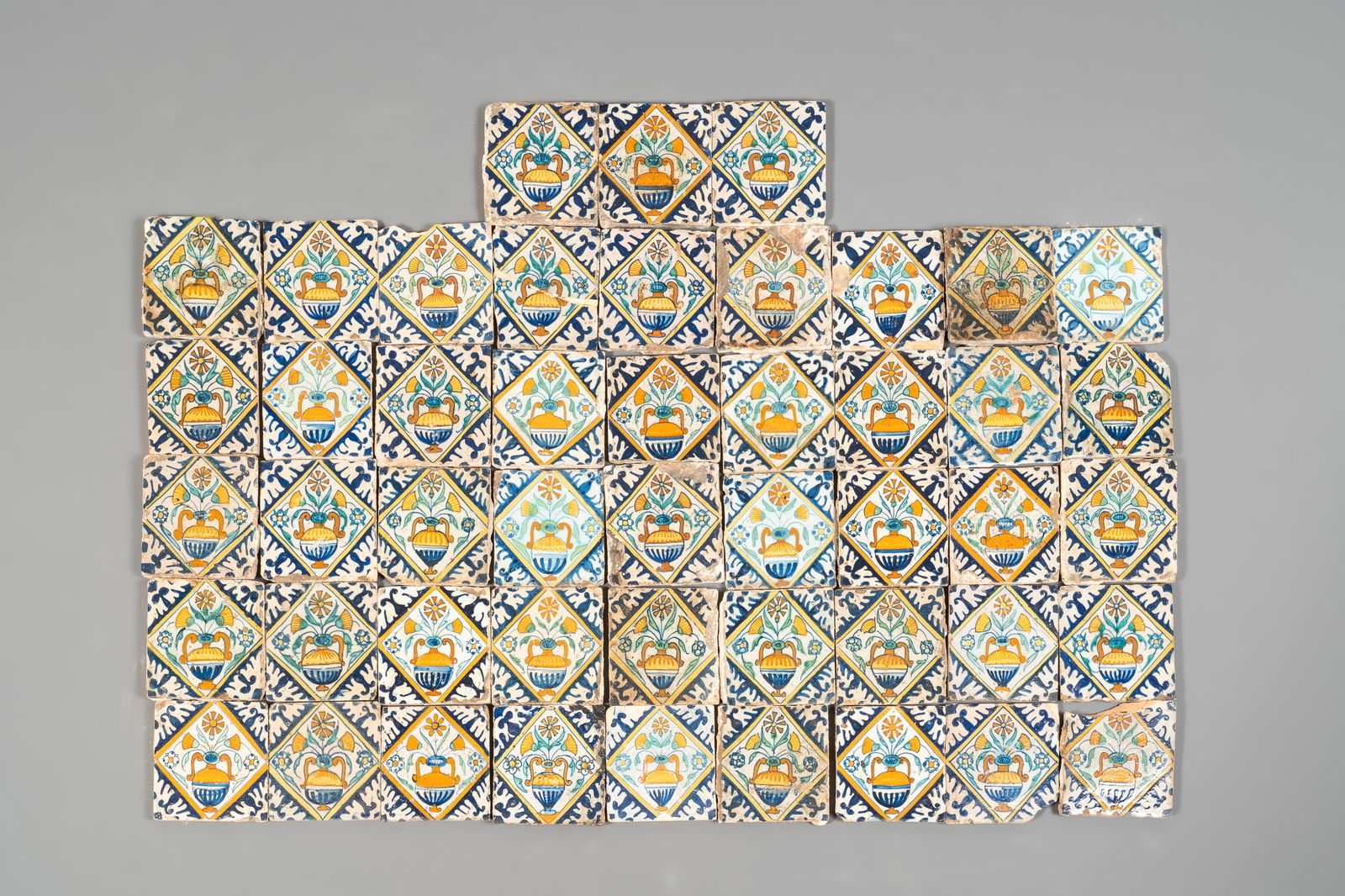 48 polychrome Dutch Delft maiolica 'flowerpot' tiles, early 17th C. (1 of 1)