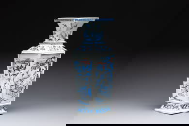 A Chinese blue, white and copper-red square-sectioned vase with figural design, Kangxi