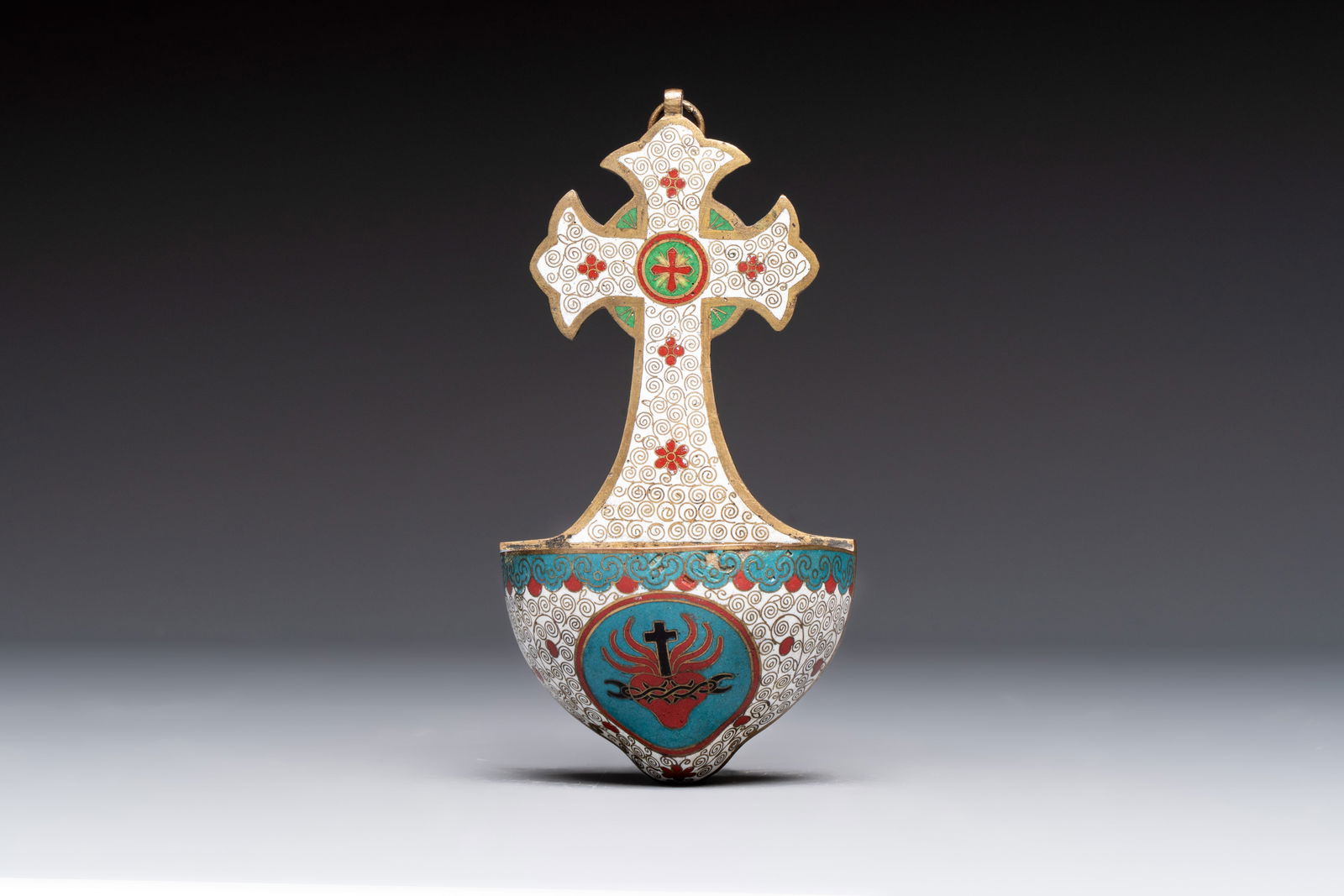 A rare Chinese cloisonné holy water font, 19th C. (1 of 6)