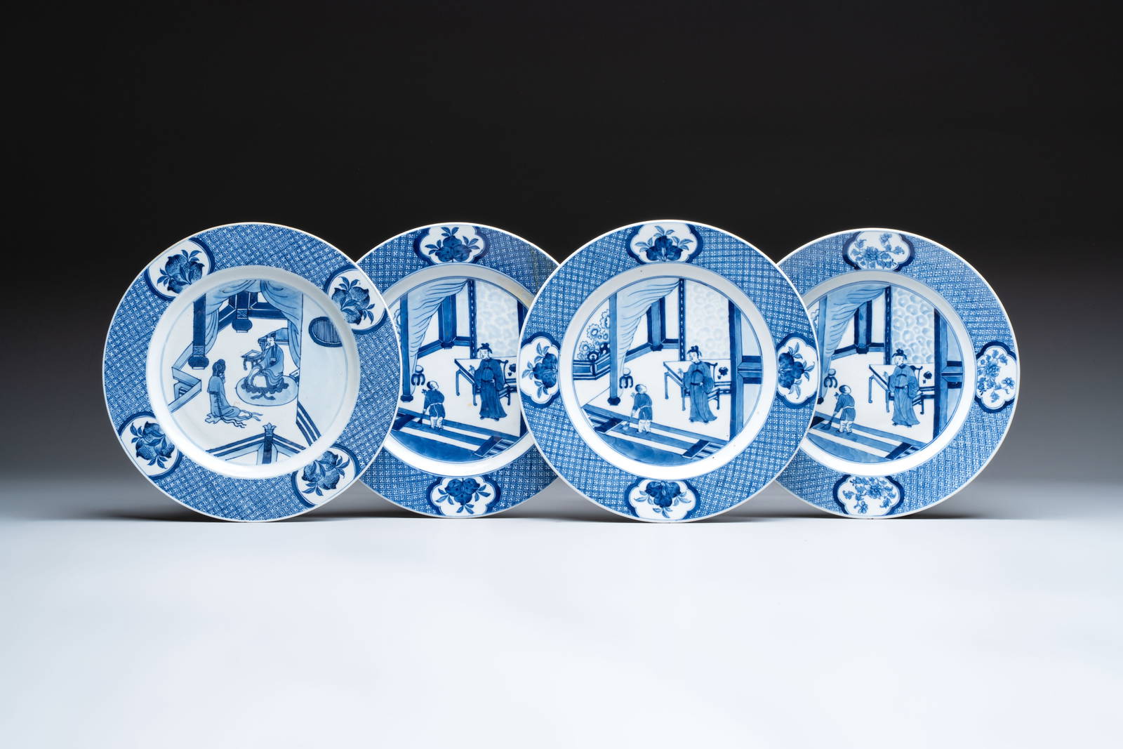 Four Chinese blue and white 'Xi Xiang Ji' dishes, 19th C.