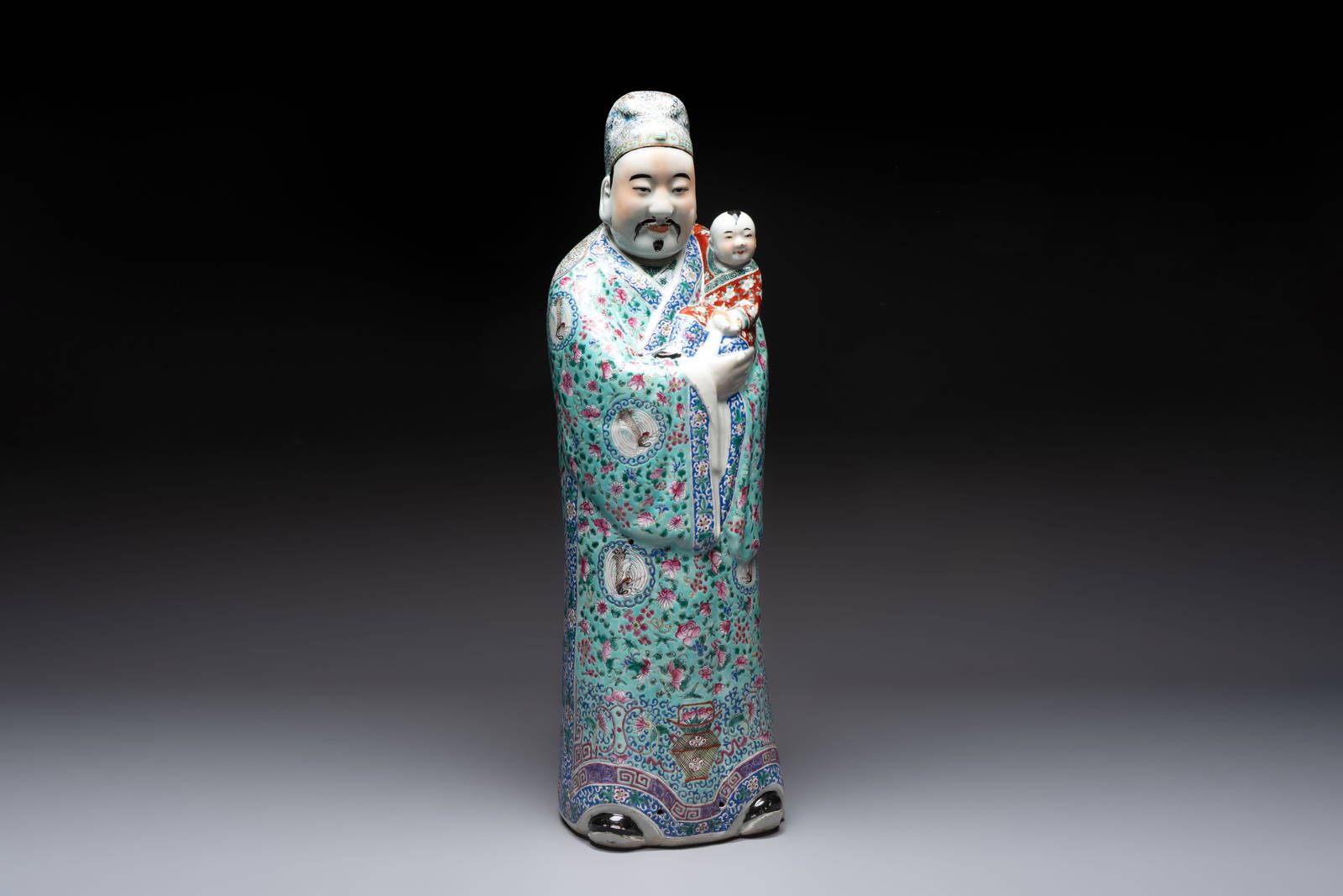 A large Chinese famille rose figure of Fu Xing, Zhu Mao Ji Zao mark, Republic