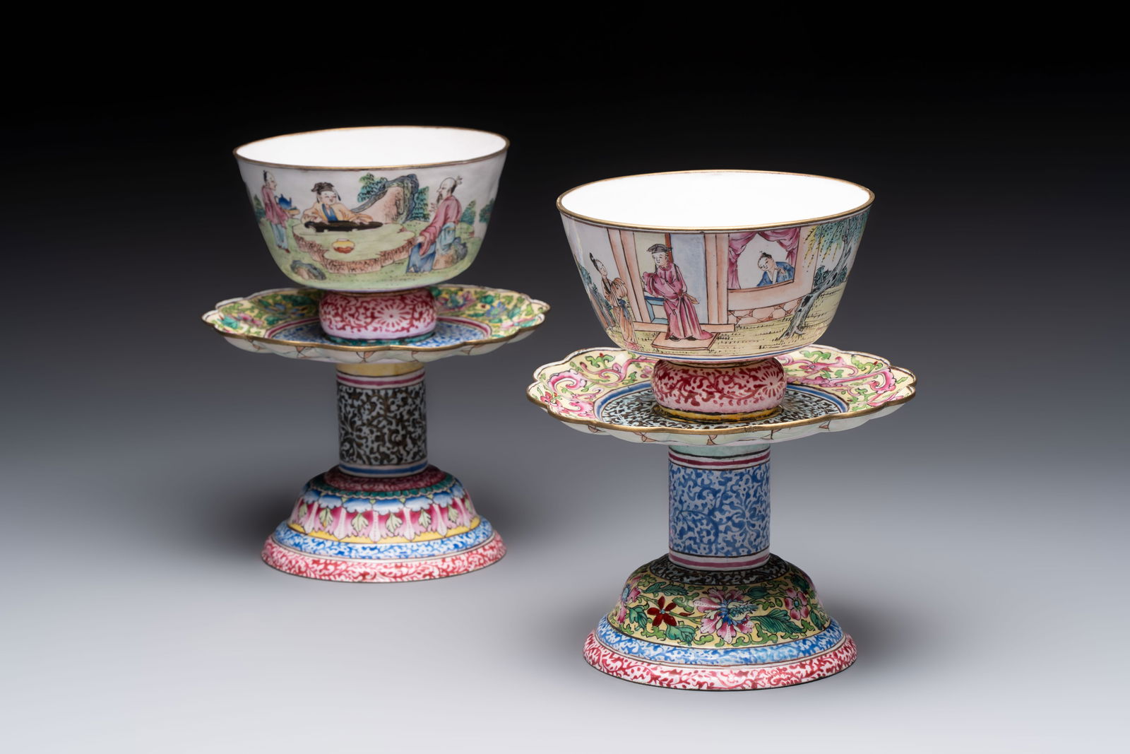 A pair of Chinese Canton enamel marriage bowls on stems, Yongzheng (1 of 8)
