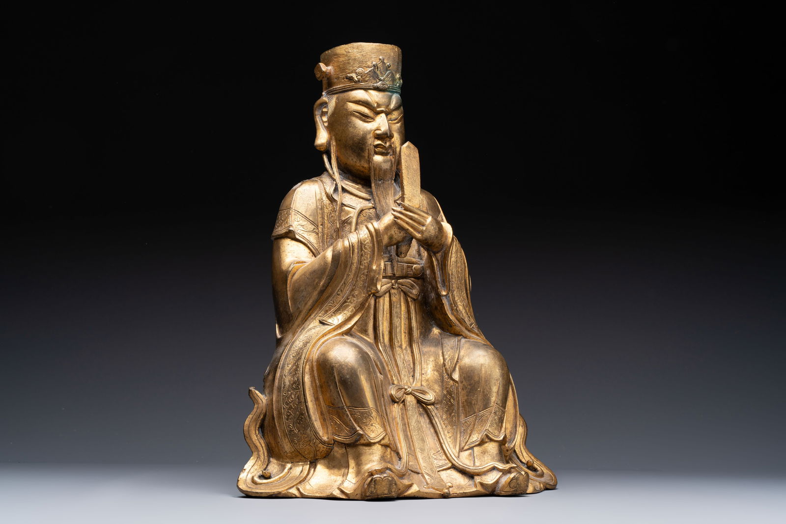 A Chinese gilt-bronze figure of Wenchang Wang, possibly Ming: A Chinese gilt-bronze figure of Wenchang Wang, possibly Ming H.: 38 cm Weight: 7110 grams Provenance: - An important Belgian private collection.