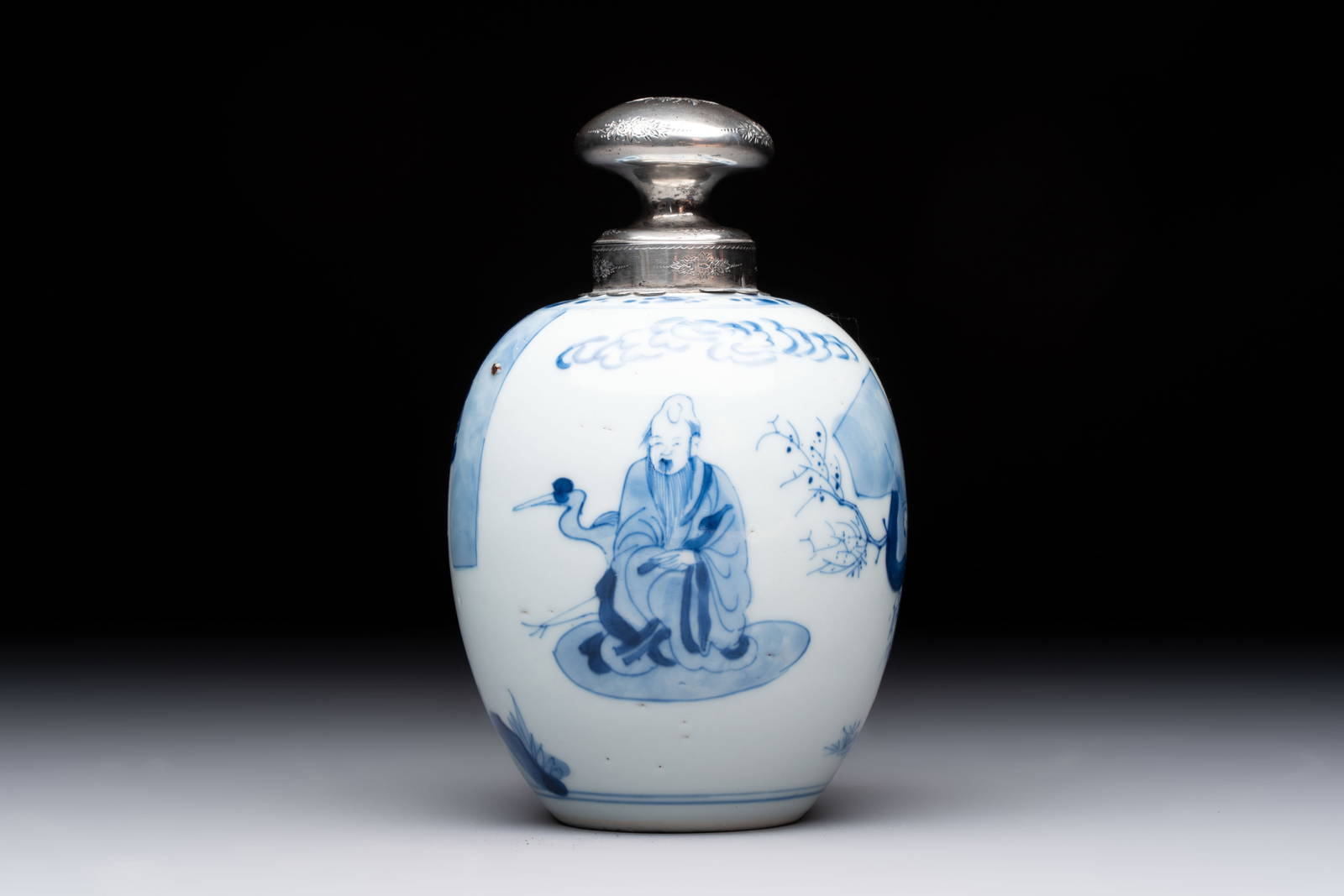 A Chinese blue and white 'Shoulao' tea caddy with silver mount and cover, Chenghua mark, Kangxi