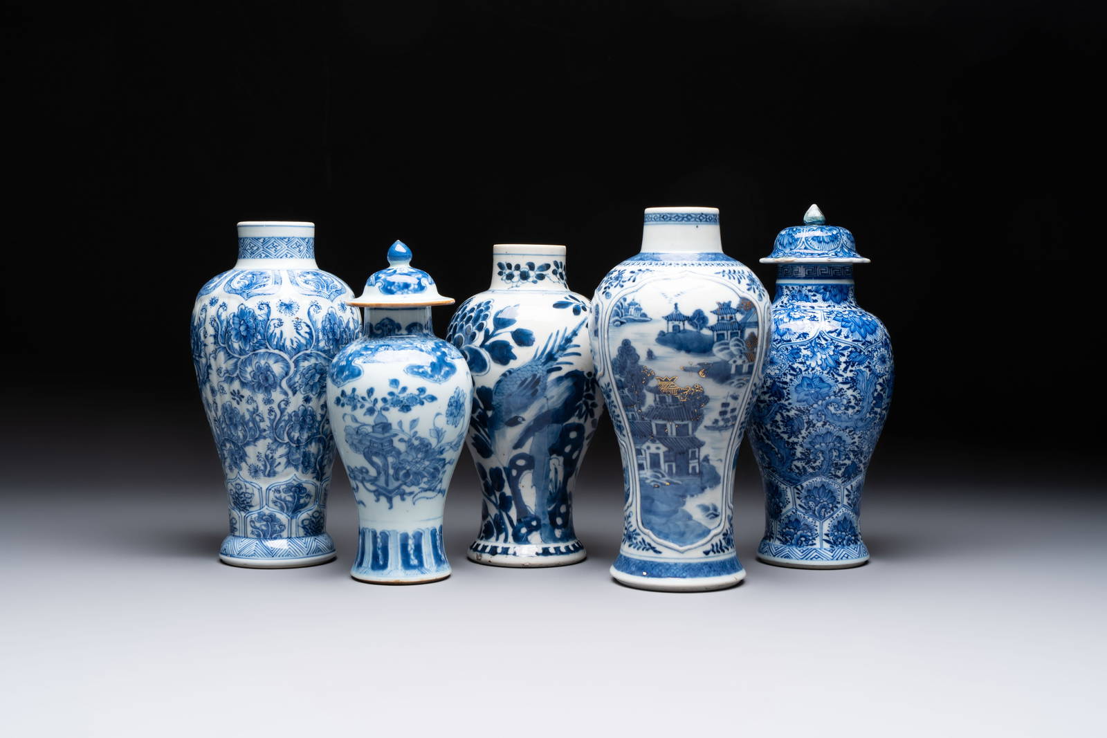 Five Chinese blue and white vases, Kangxi/Qianlong