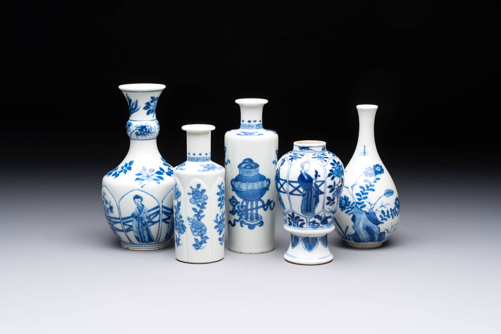 Five Chinese blue and white vases, jade marks, Kangxi and later