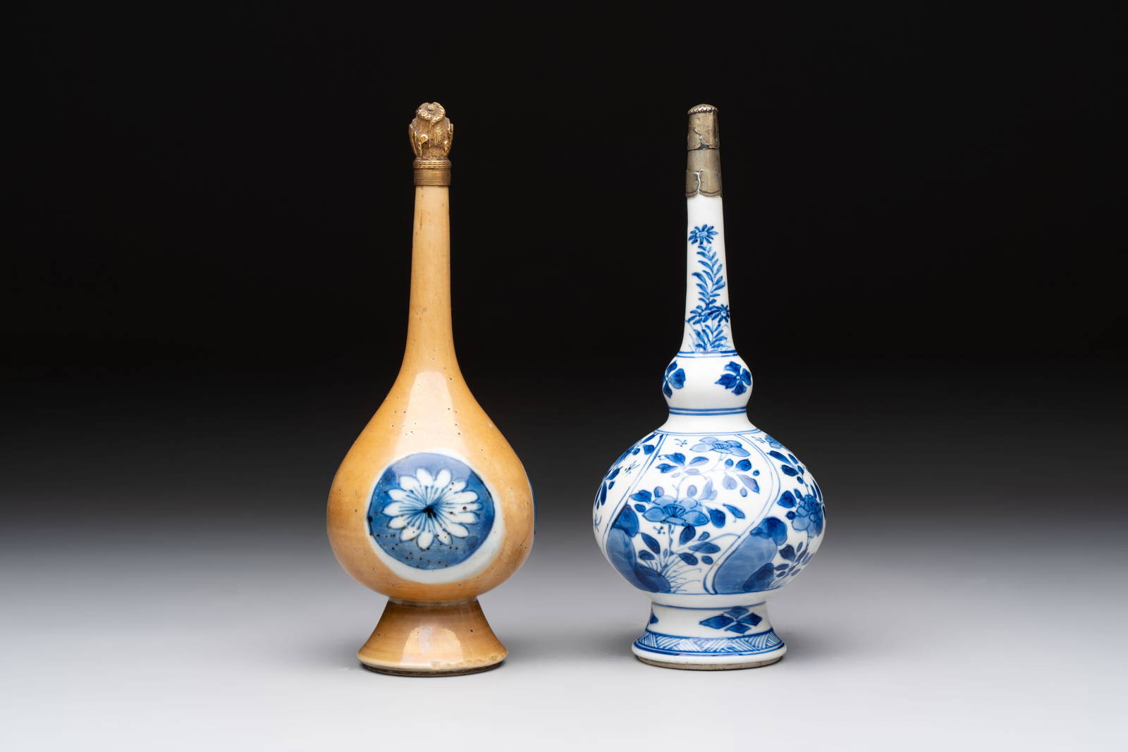 A Chinese blue, white and café-au-lait-ground and a blue and white rose water sprinkler, Kangxi