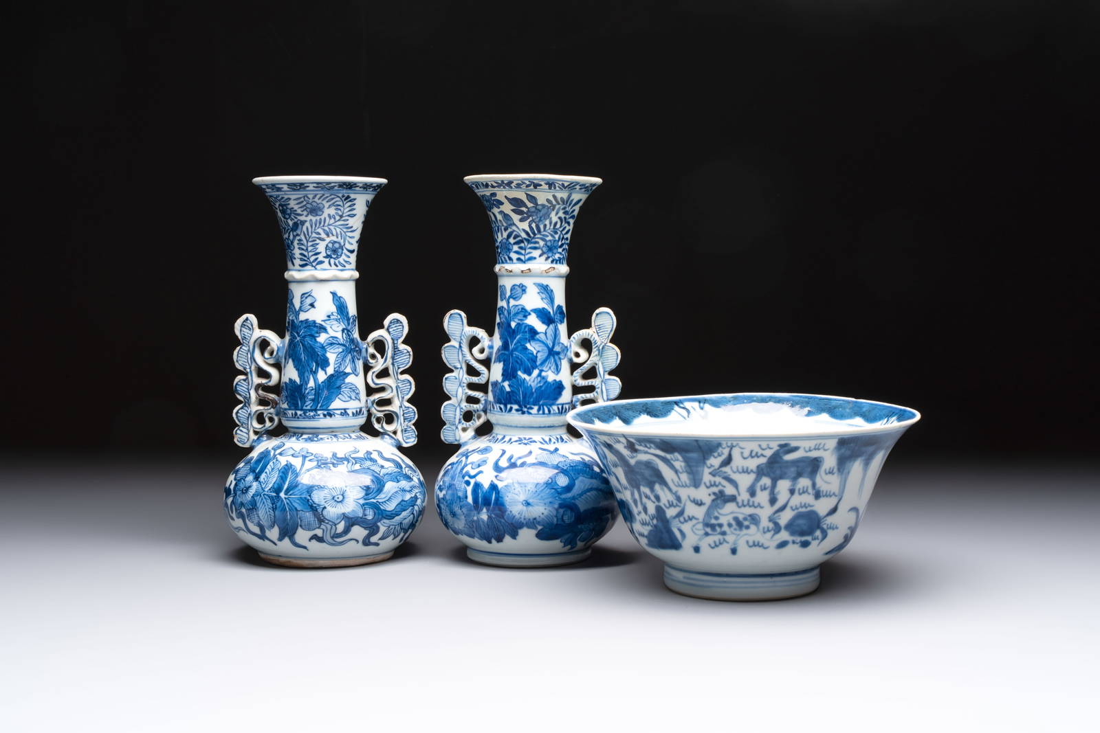 Two Chinese blue and white vases after Venetian glass models and a 'horses' bowl, Kangxi